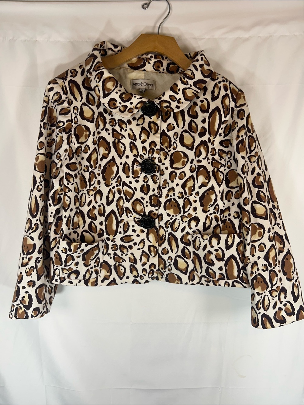 Andre Oliver Leopard Print Cropped Jacket in Brown and Cream
